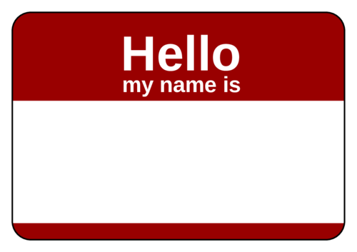 Pre-designed name tag sticker/label template: standard "hello my name is" design in red