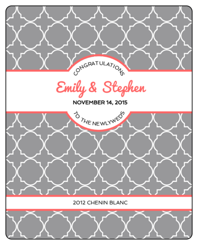 Grey and White quatrefoil background with coral pink detail wedding wine label