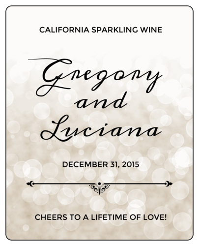Bokeh background with black text wedding wine label