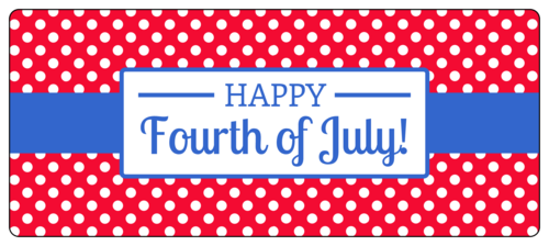 Red polka dot water bottle label template with blue banner for July 4th