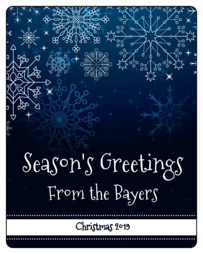 Blue and white snowflakes with Season's Greetings - wine bottle label printable