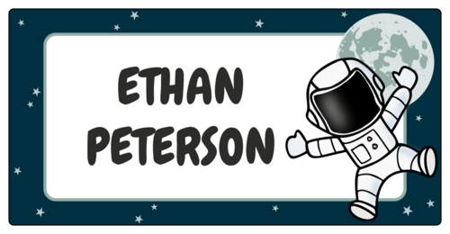 Astronaut-themed school supplies label template for kids