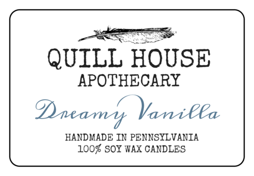Candle label with large logo and scripted text for the scent