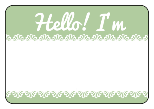 Pre-designed name tag sticker/label template: green background with lace border reading "hello I'm"