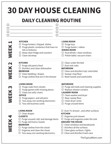 Black and White 30 Day House Cleaning Checklist - Label Templates