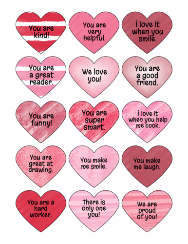 Compliments for children on pink + red and white striped heart stickers, free template