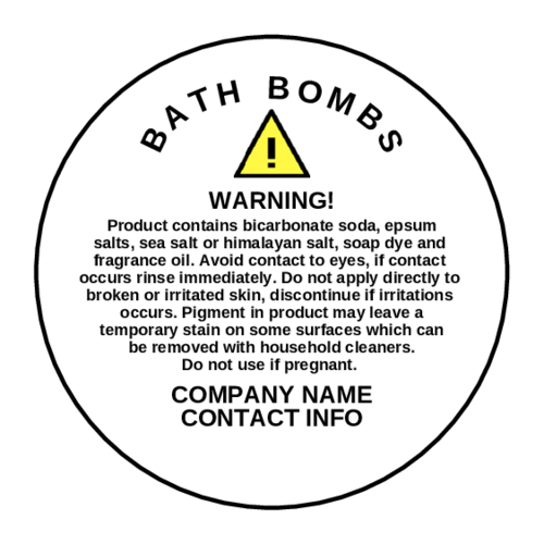 Simple black and white circle bath bomb warning label with yellow caution triangle