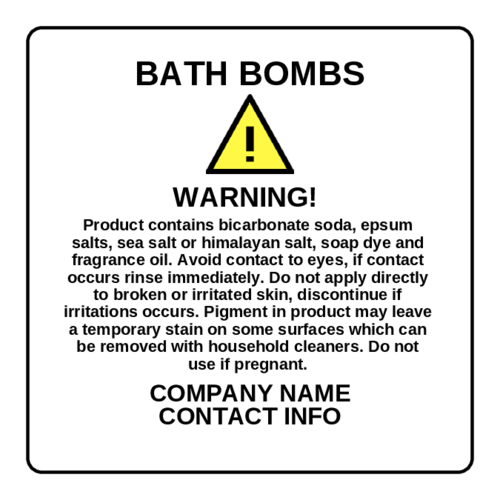 Simple black and white rectangle bath bomb warning label with yellow caution triangle