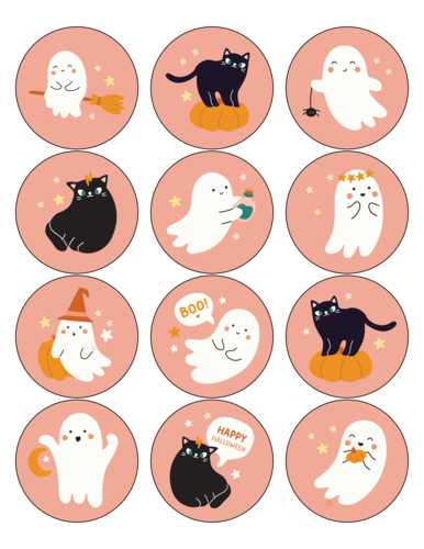 Cute assorted halloween stickers with cute ghosts and black cats