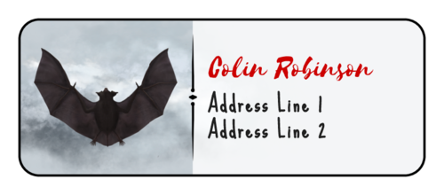 Spooky bats address label with bat graphics flying in clouds, and red text