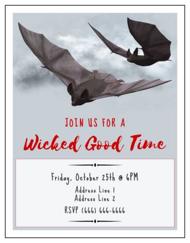 Spooky bats cardstock halloween party invitation with the text, Join us for a wicked good time in red
