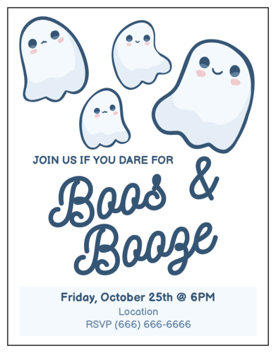Spooky ghosts cardstock halloween party invitation with the text, Boos and Booze and 4 ghosts