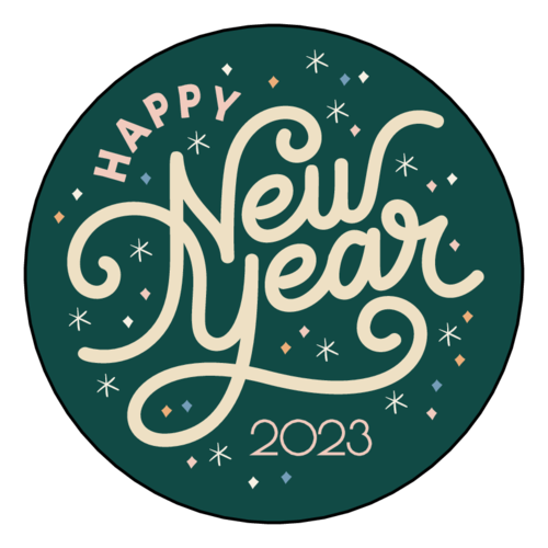 Happy New Year elegant circle label with dark green background and confetti
