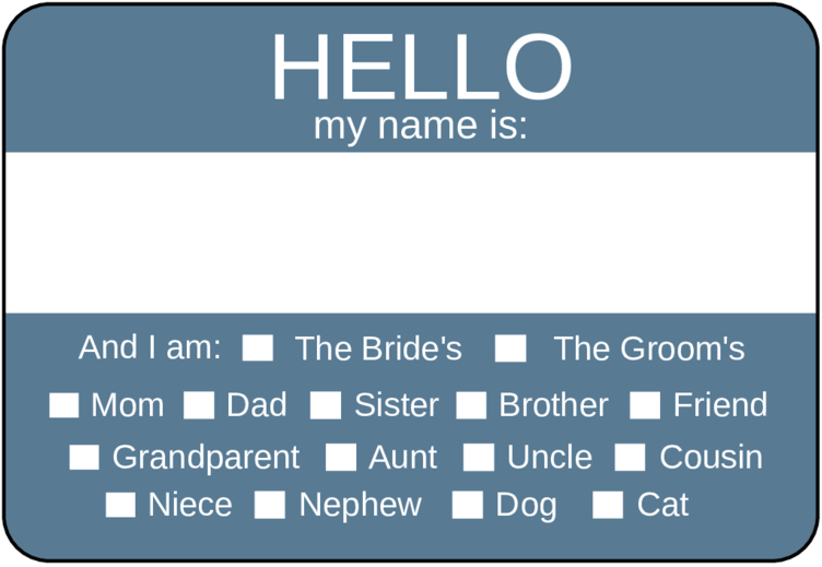 Blue nametag with checkboxes for relationship to bride or groom
