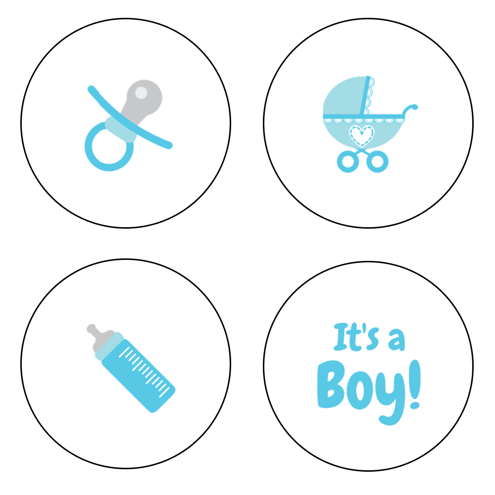 Light blue assorted baby icon stickers. Pacifier, stroller, baby bottle
