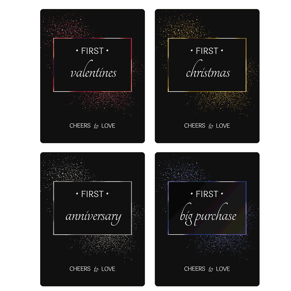 Black background with colorful confetti marriage firsts wine bottle labels