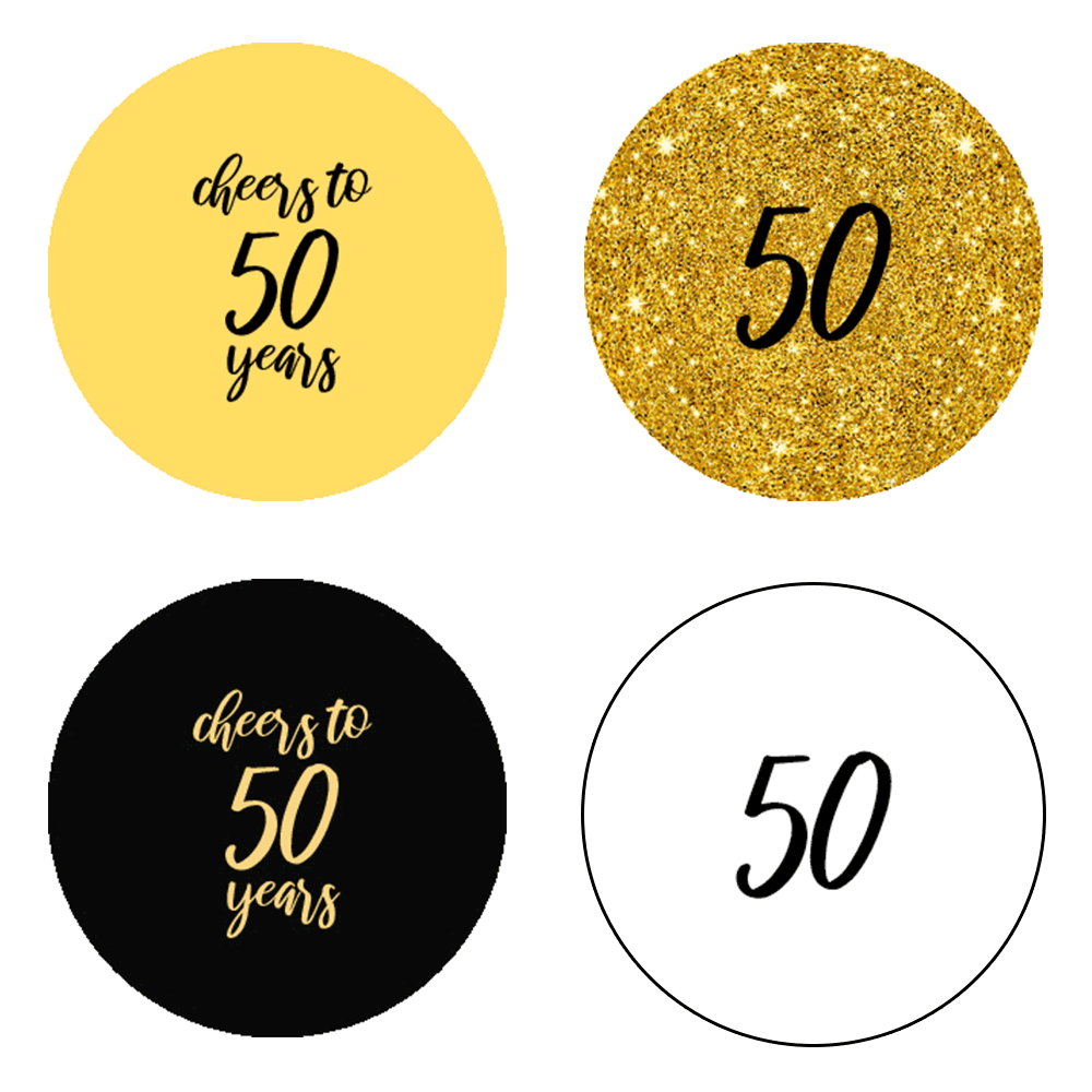 0.75" Happy 50th Birthday Kiss Candy Labels (Black, Gold) - Pre-Printed - Circle - 108 Labels/Sheet