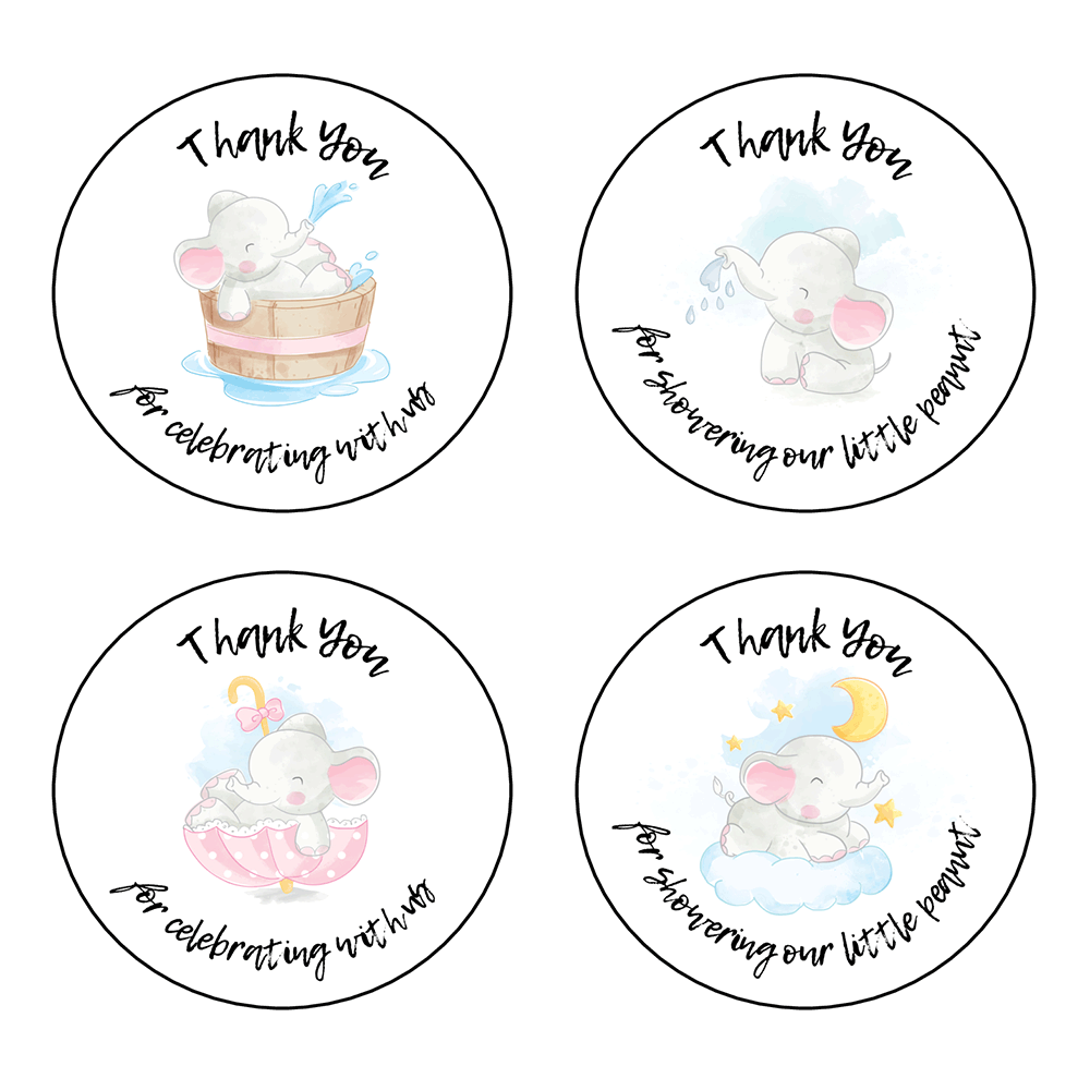 2" Elephant Baby Shower Labels - Pre-Printed Baby Shower Labels - Circle - 20 Labels/Sheet