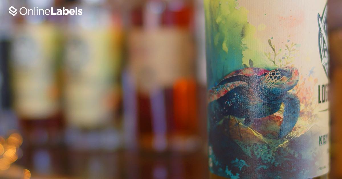 Loggerhead illustration on bottle label.