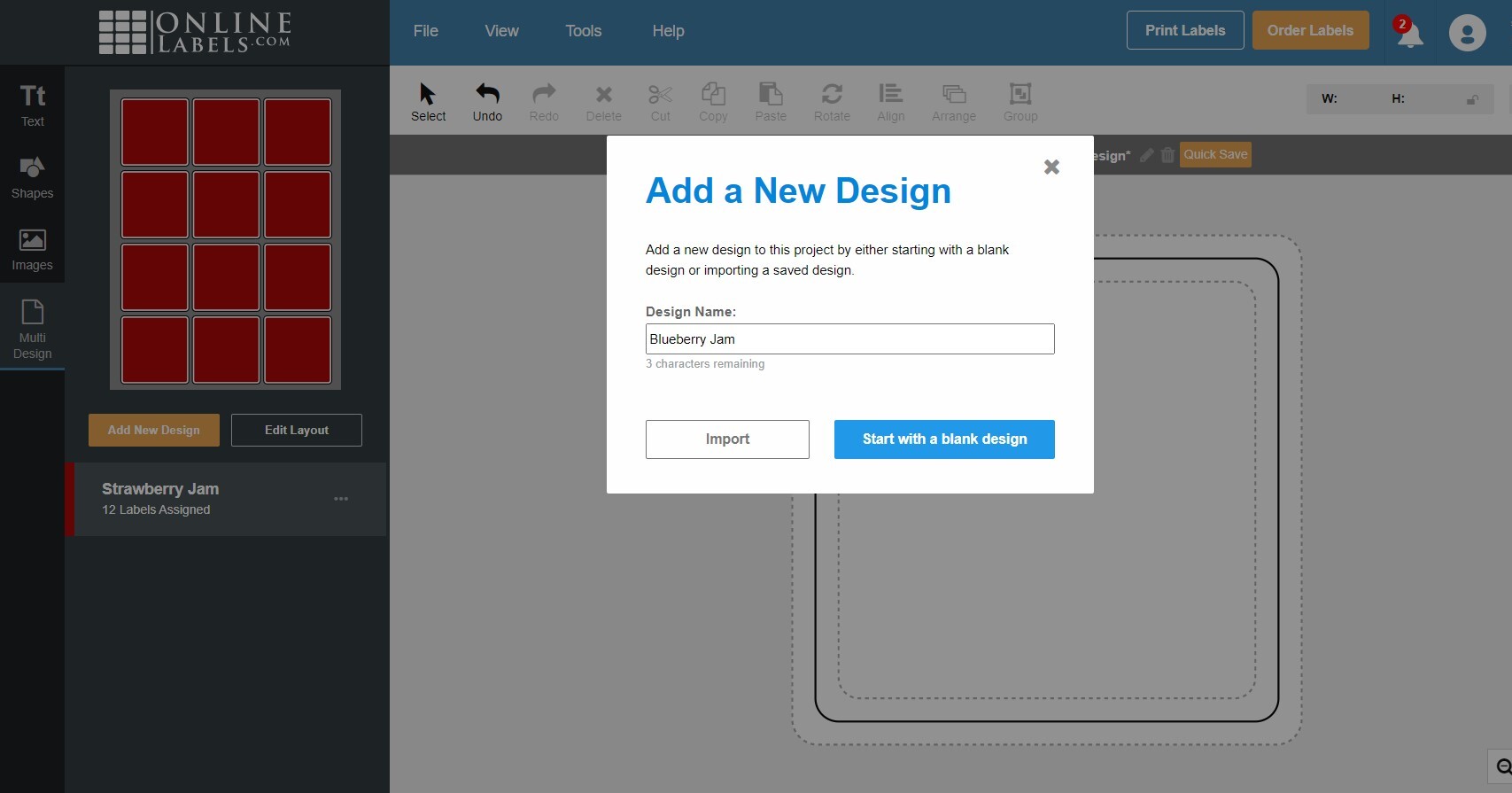 Add a new design using the multi design tool