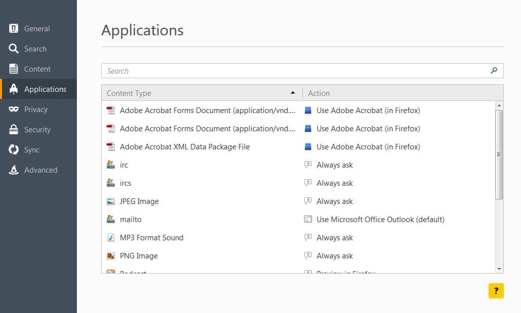 Applications menu in Firefox