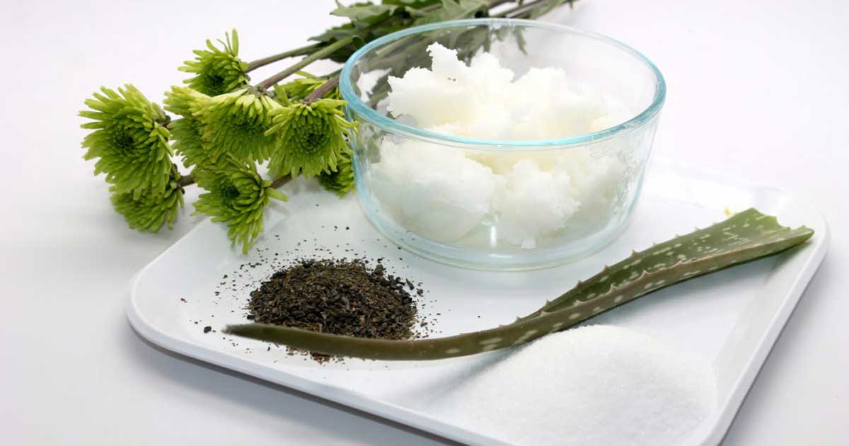 Ingredients for handmade green tea and aloe sugar scrub