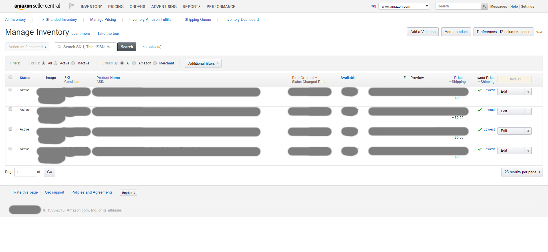 Manage inventory page of Amazon FBA seller's account