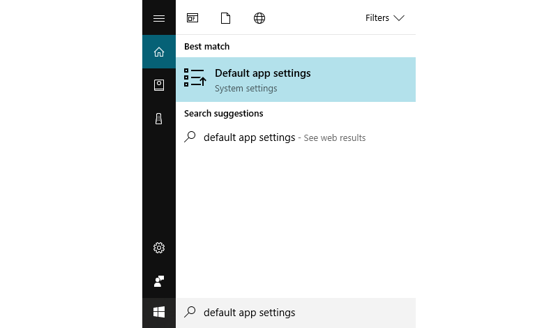 Default App Settings results in Windows start menu.