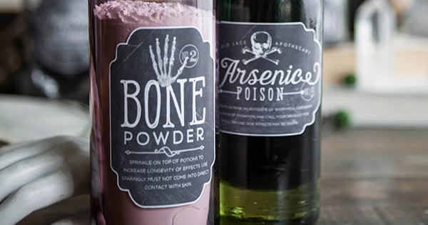 Bone powder and poison apothecary Halloween bottles.