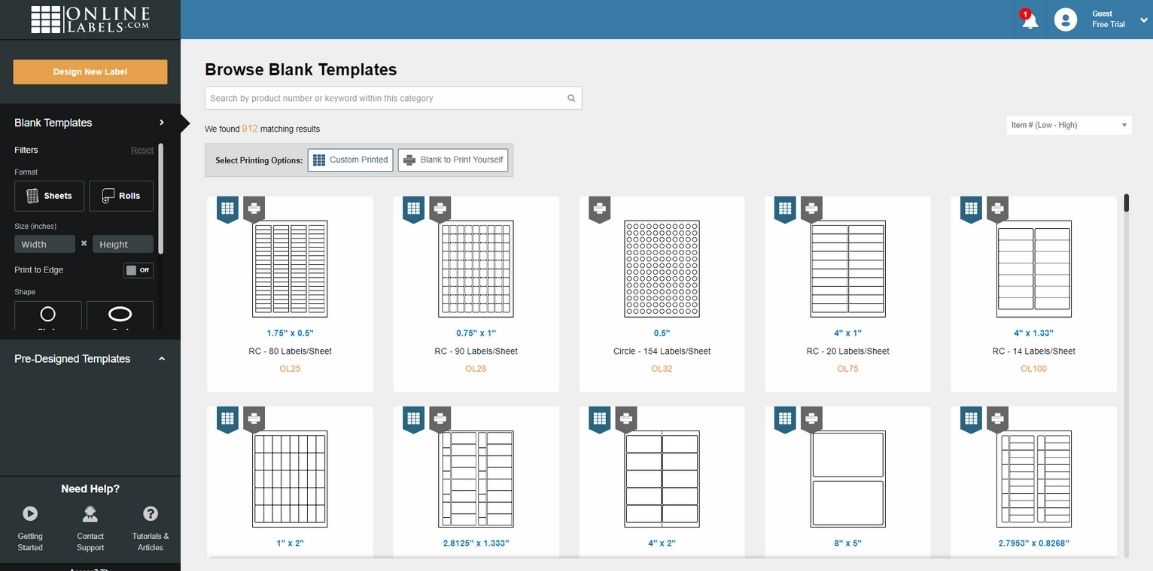 Search blank label templates