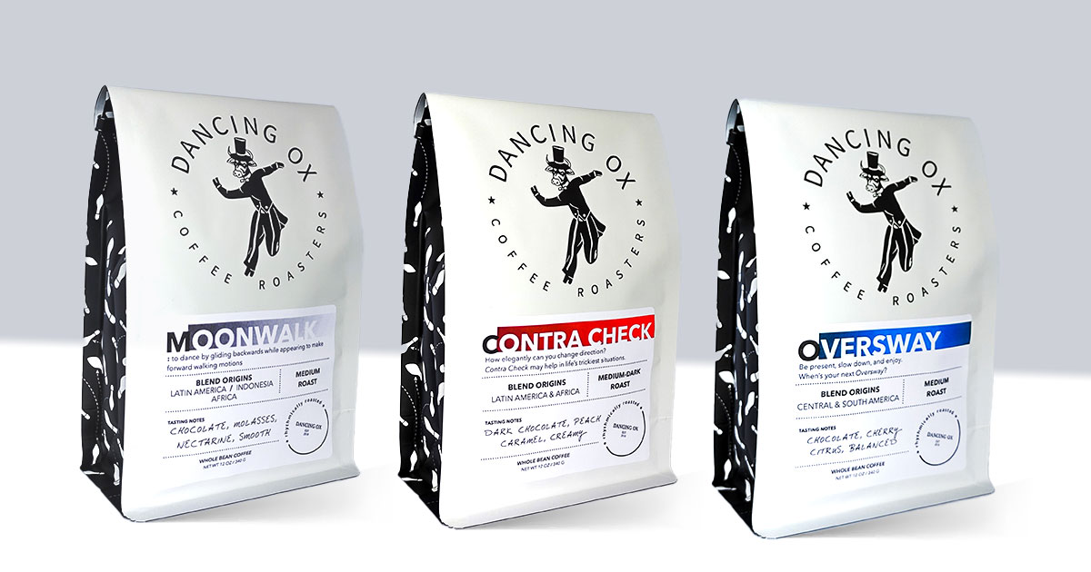 Three different dancing ox coffee roasters coffee bags side-by-side