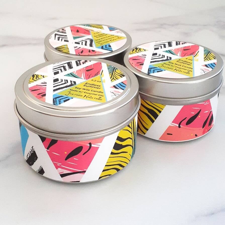 Bright patterned candle label design