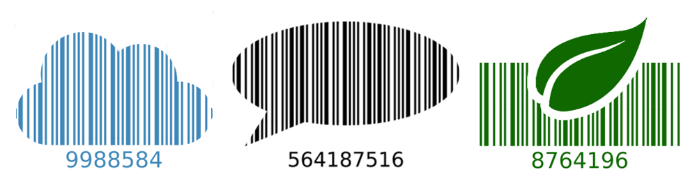 Create ways to design/display your barcode so it can still be scanned: blue cloud, black speech bubble, green leaf barcode designs