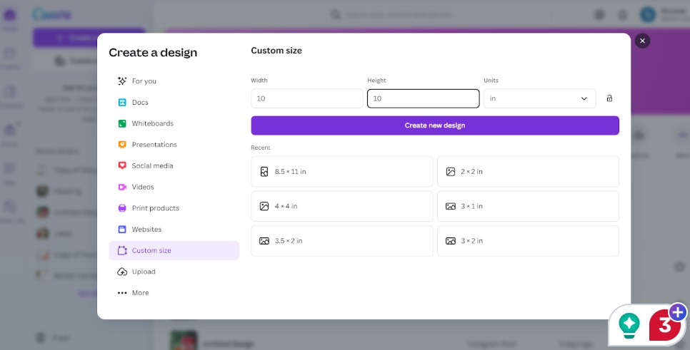 Choosing dimensions in canva.