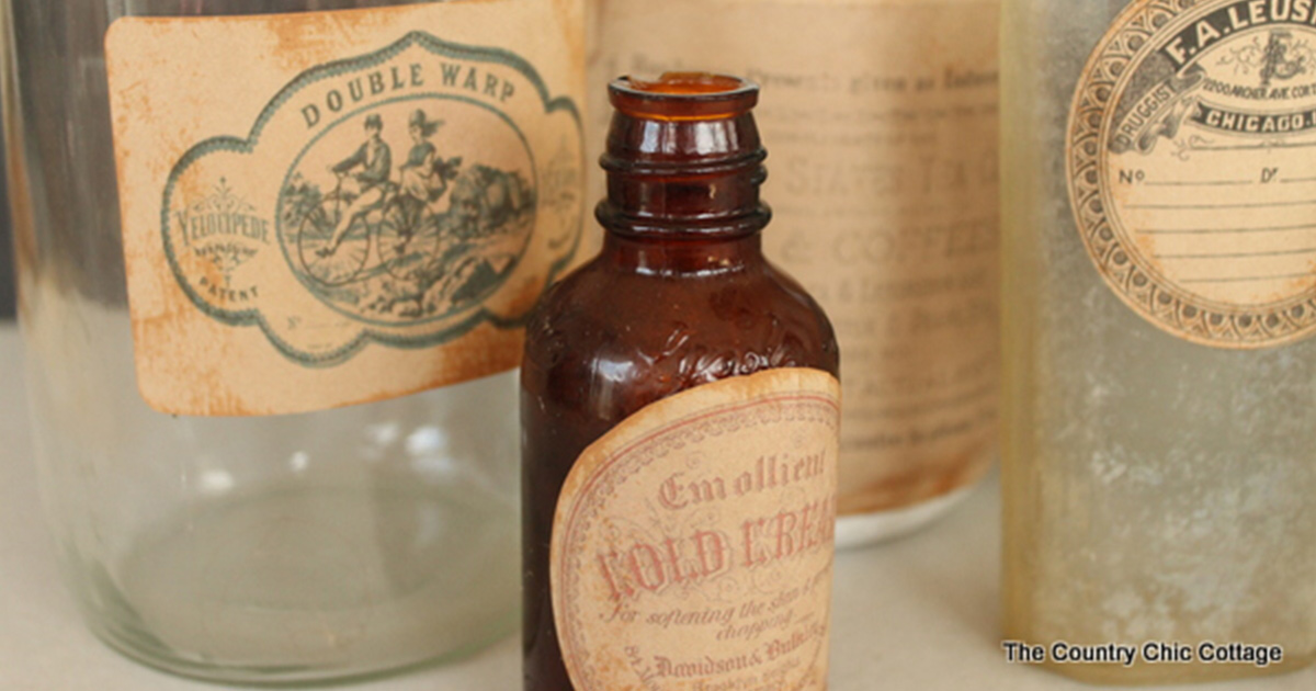 Homemade, fake, DIY vintage product labels on a variety of old-school jars, bottles, and containers