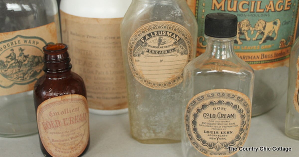 Homemade, fake, DIY vintage product labels on a variety of old-school jars, bottles, and containers