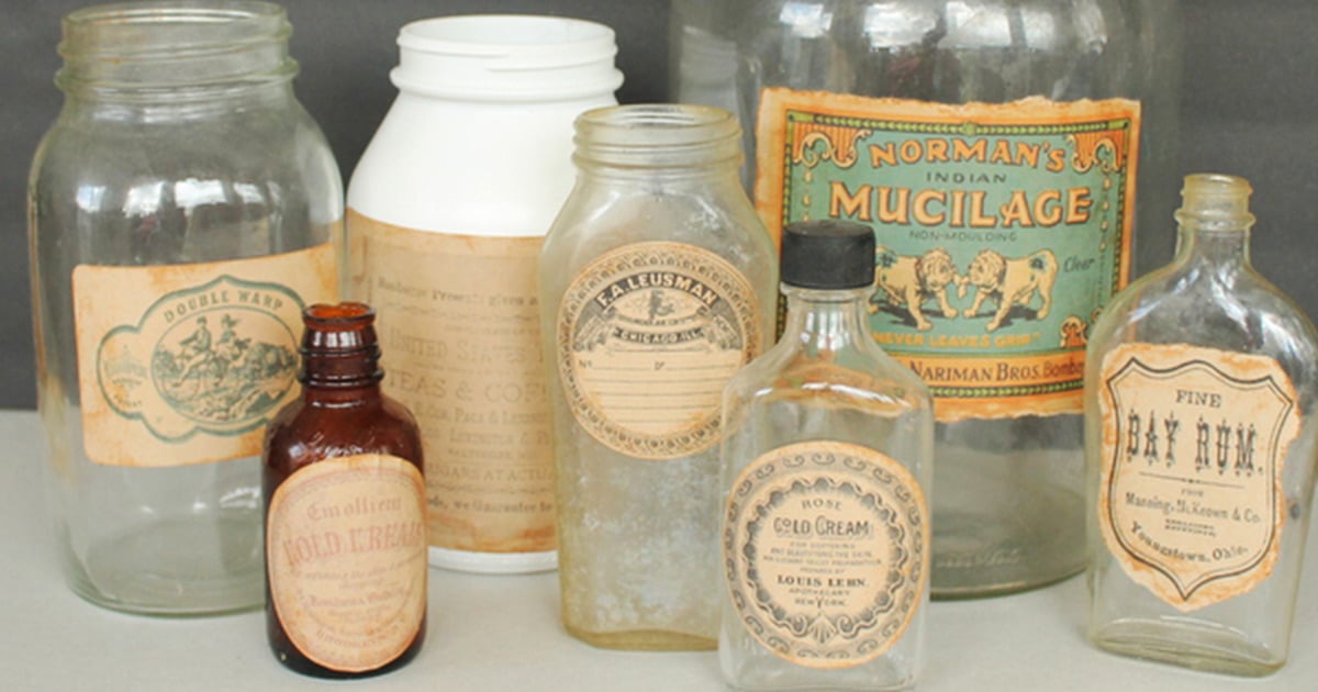 Homemade, fake, DIY vintage product labels on a variety of old-school jars, bottles, and containers