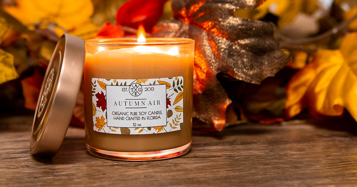 Fall leaf-themed candle label template in use