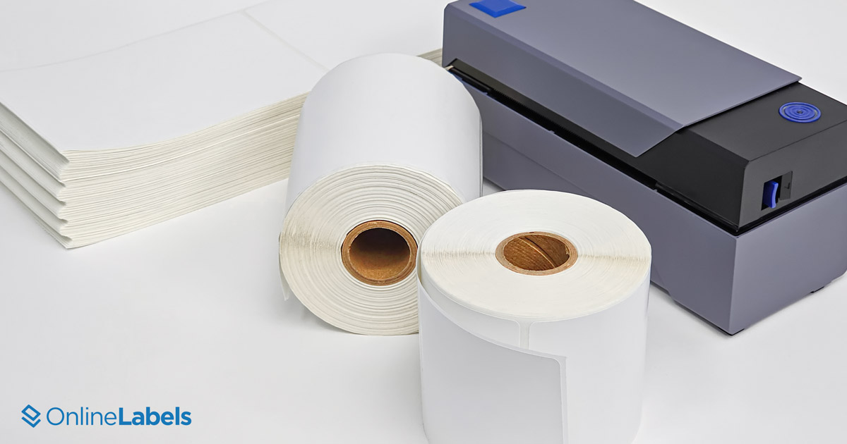 Fanfold labels next to roll labels with a tabletop printer