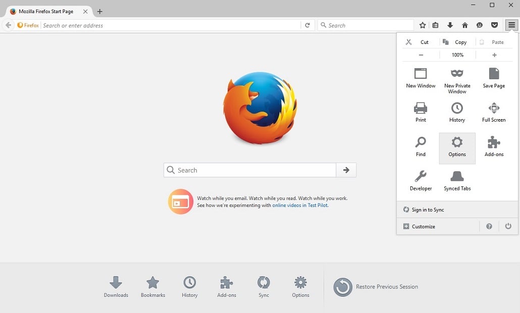 Firefox options menu