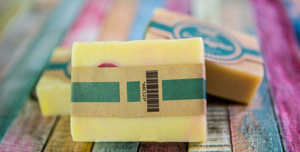 Handmade soap and label with internal Code 39 barcode