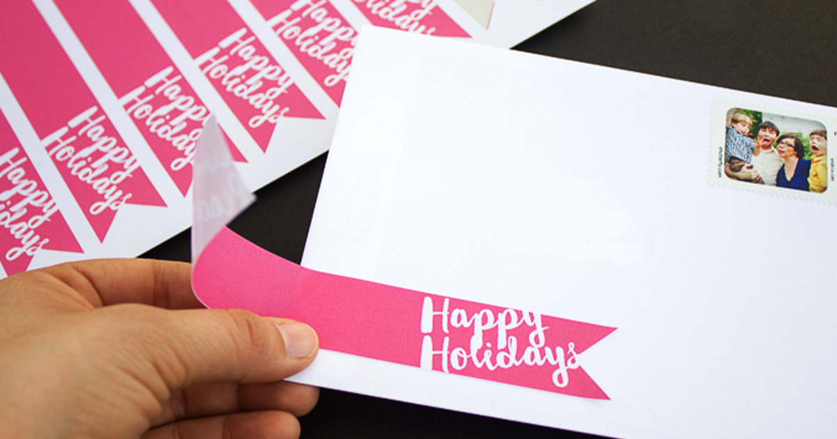 Free printable wrap-around label template set for holiday cards and mail, how to use: Happy Holidays