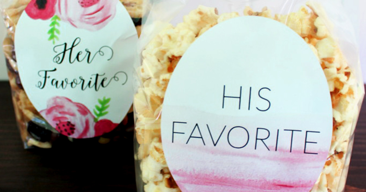 "His" and "Hers" favorite printable snack bag labels for wedding welcome bags