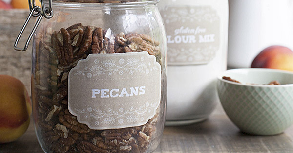 Kraft style farmhouse pantry labels on baking jars