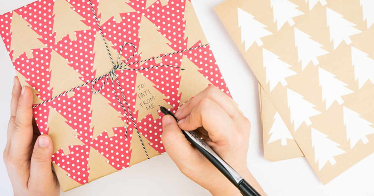 Homemade wrapping paper made from labels that you can write to/from information on