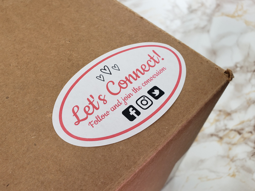 'Let's connect' packaging sticker with social icons for online businesses