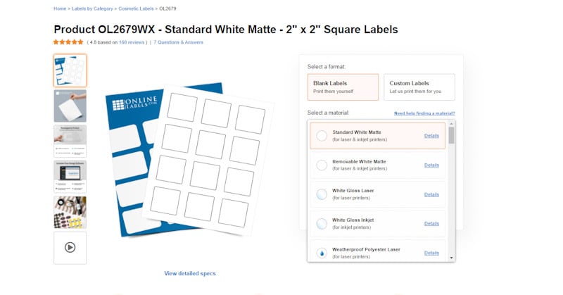 Choosing a material on a product page.