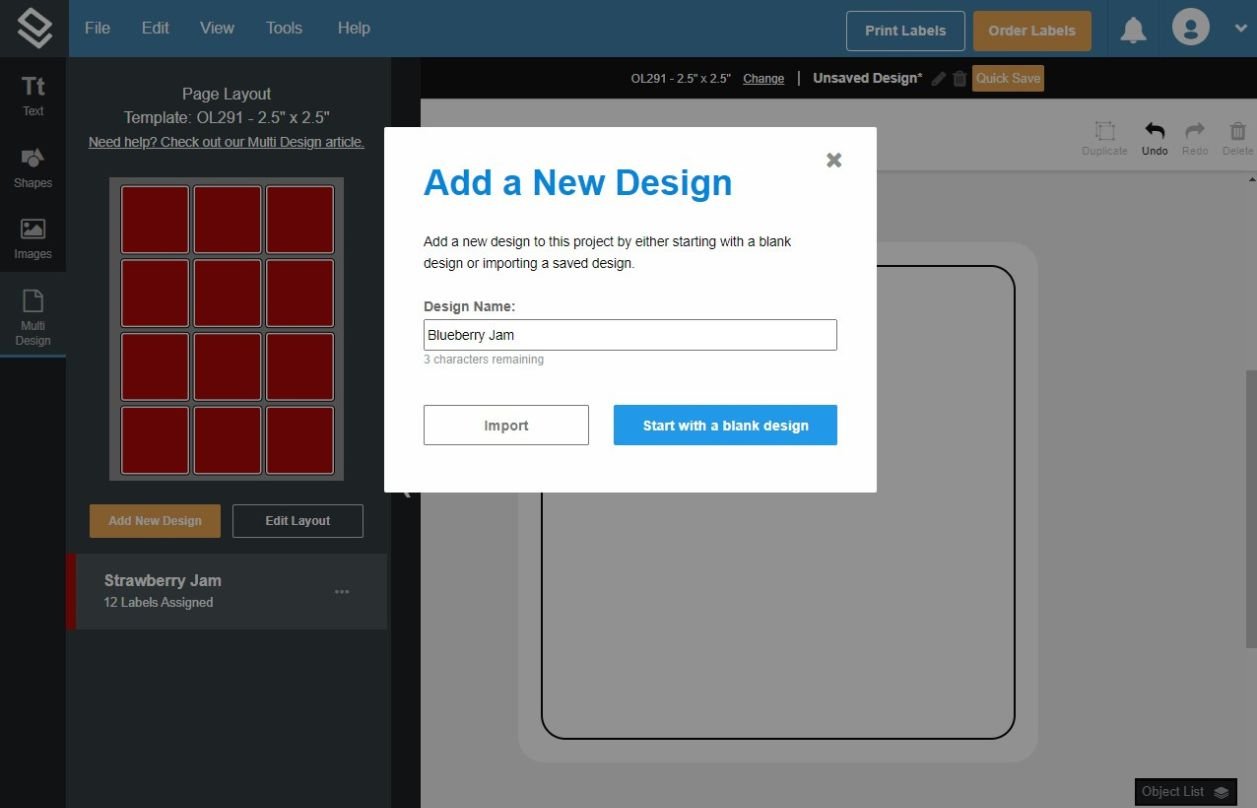 Add a new design using the multi design tool