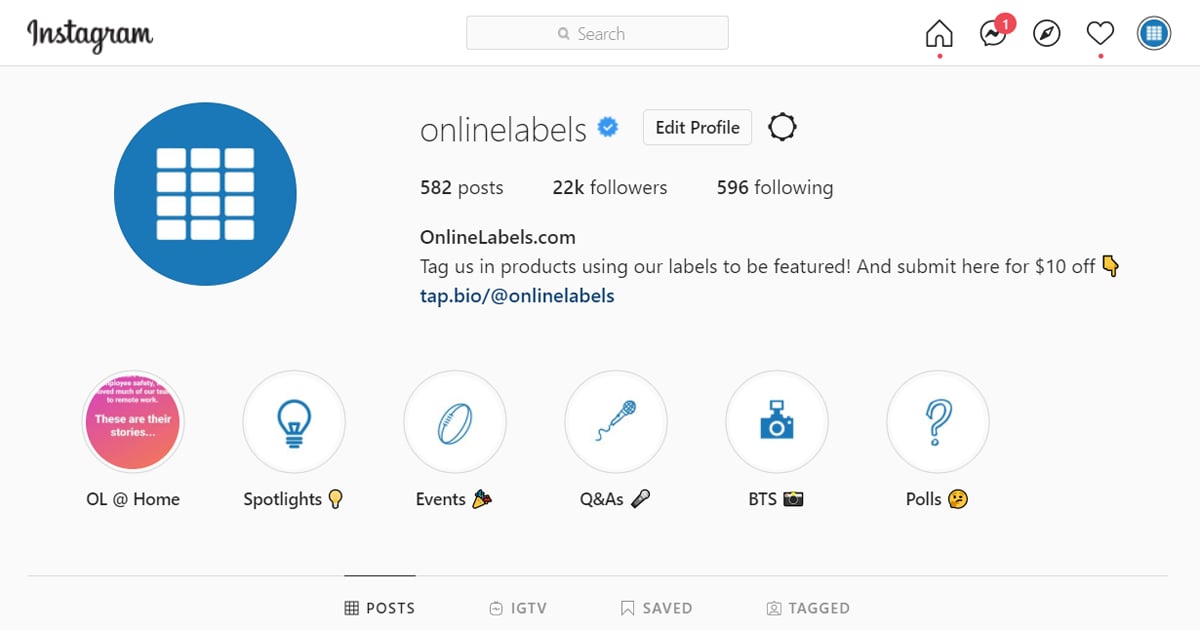 Onlinelabels Instagram account profile.