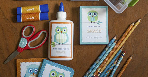 Personalized owl-themed school supply labels